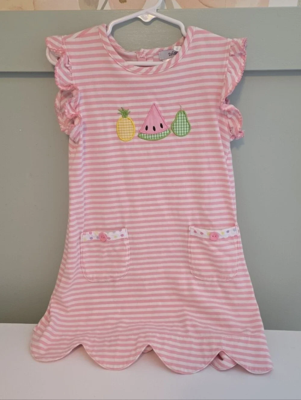 Ishtex 4t Pink Striped Fruit Appliqué Girls' Dress Smocked Brand